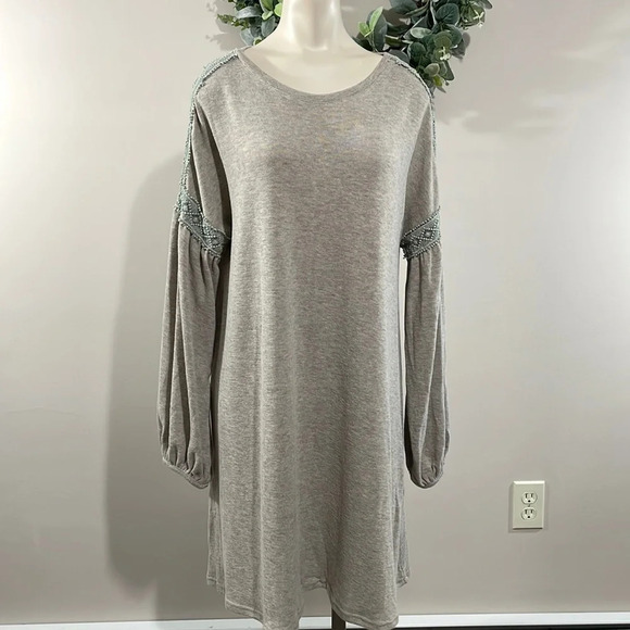 Easel Boho Oversized Long Sleeve Balloon Sleeve Taupe Sweater Dress S - Picture 1 of 15